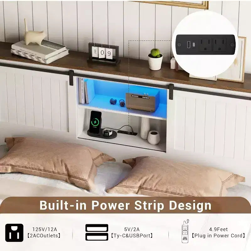 Struttura Letto con LED e Stazione di Ricarica, Letto a Piattaforma con Testiera Libreria Contenitore, Porta Scorrevole a Fienile, Nessuna Molla Necessaria (Noce+Bianco)