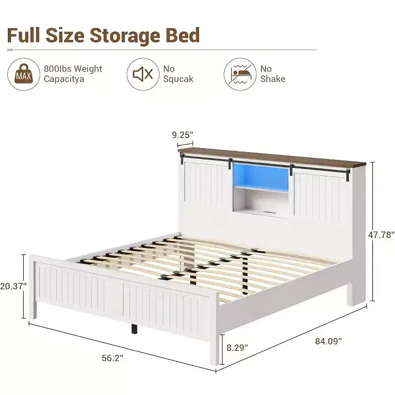 Struttura Letto con LED e Stazione di Ricarica, Letto a Piattaforma con Testiera Libreria Contenitore, Porta Scorrevole a Fienile, Nessuna Molla Necessaria (Noce+Bianco)