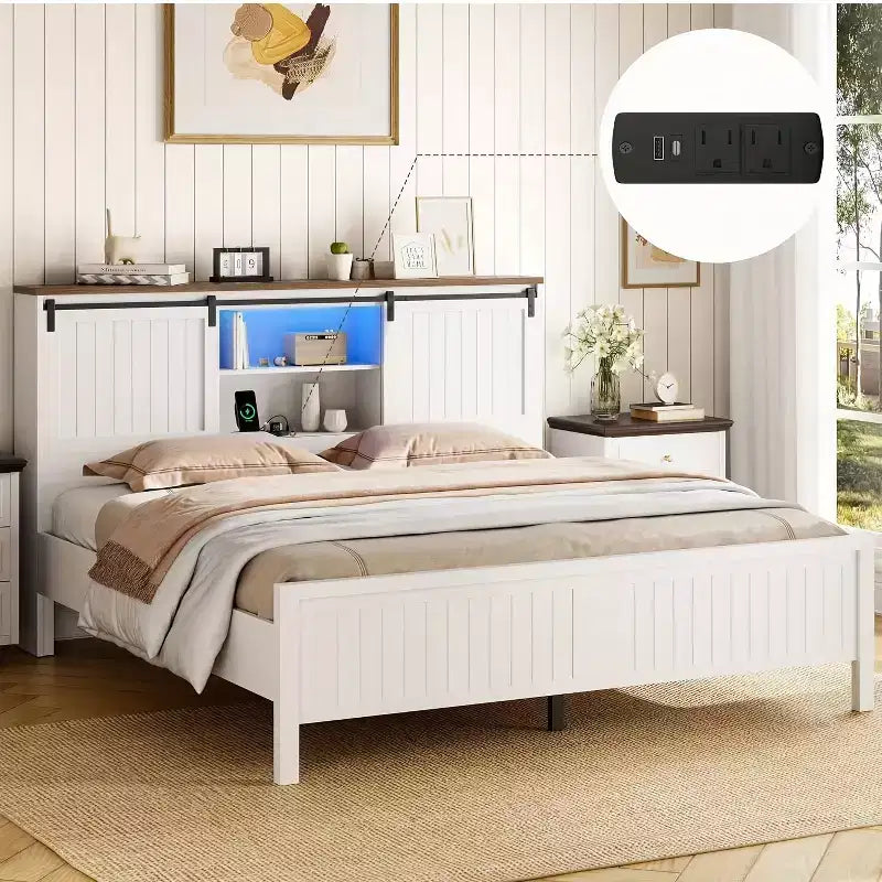 Struttura Letto con LED e Stazione di Ricarica, Letto a Piattaforma con Testiera Libreria Contenitore, Porta Scorrevole a Fienile, Nessuna Molla Necessaria (Noce+Bianco)