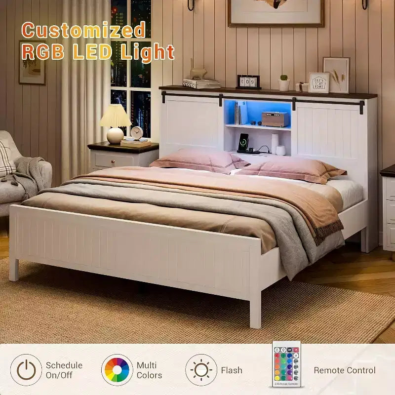 Struttura Letto con LED e Stazione di Ricarica, Letto a Piattaforma con Testiera Libreria Contenitore, Porta Scorrevole a Fienile, Nessuna Molla Necessaria (Noce+Bianco)