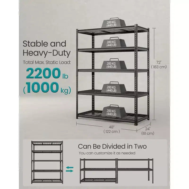 Scaffale di stoccaggio a 5 ripiani, scaffalatura da garage per impieghi gravosi, scaffale regolabile, scaffale in acciaio, capacità di carico 2.200 libbre, 24 x 48 x 72 pollici, nero inchiostro