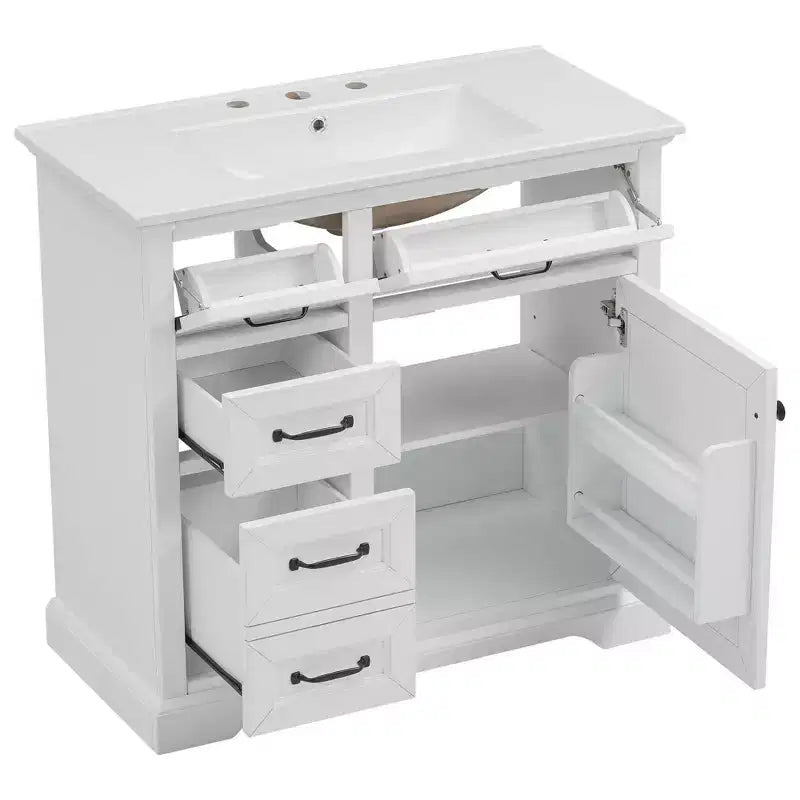 Mobile bagno da 90 cm con lavabo in ceramica, 4 cassetti, 1 anta con chiusura ammortizzata, piedini e maniglie in metallo nero