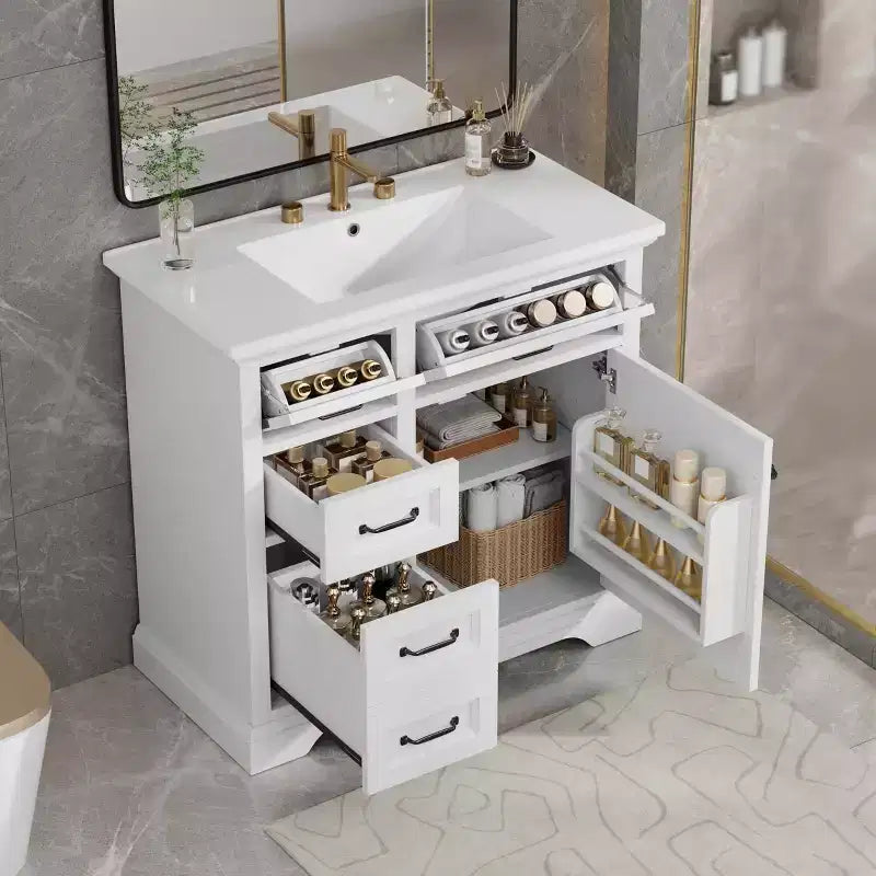 Mobile bagno da 90 cm con lavabo in ceramica, 4 cassetti, 1 anta con chiusura ammortizzata, piedini e maniglie in metallo nero