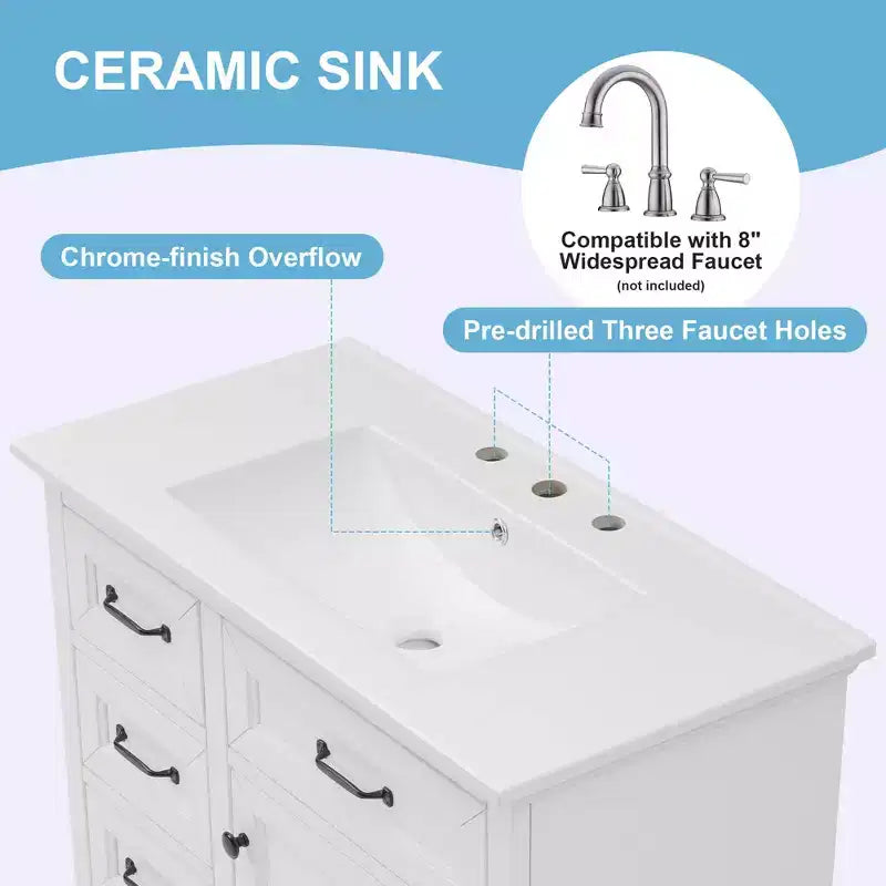 Mobile bagno da 90 cm con lavabo in ceramica, 4 cassetti, 1 anta con chiusura ammortizzata, piedini e maniglie in metallo nero