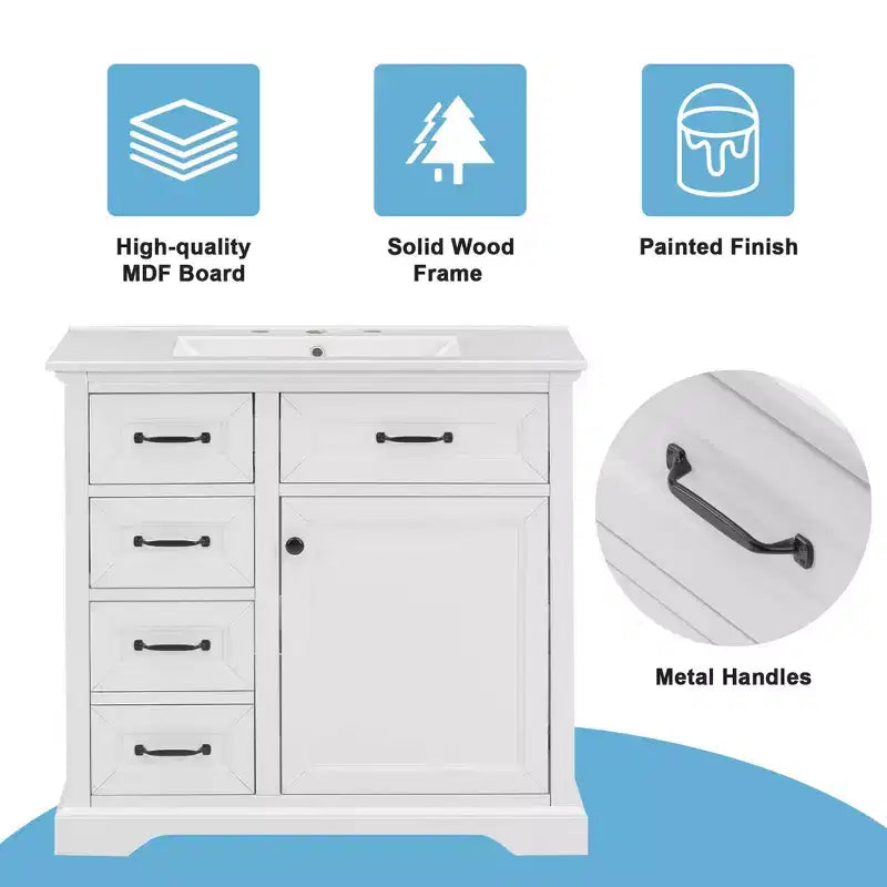 Mobile bagno da 90 cm con lavabo in ceramica, 4 cassetti, 1 anta con chiusura ammortizzata, piedini e maniglie in metallo nero