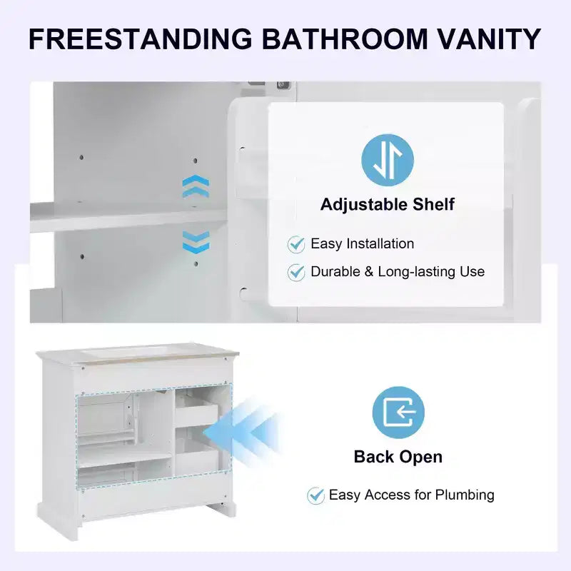 Mobile bagno da 90 cm con lavabo in ceramica, 4 cassetti, 1 anta con chiusura ammortizzata, piedini e maniglie in metallo nero
