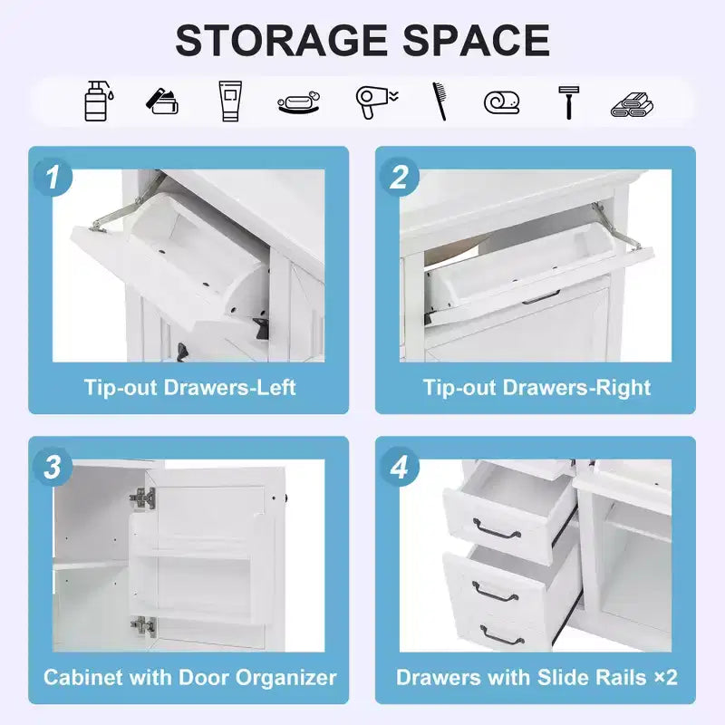 Mobile bagno da 90 cm con lavabo in ceramica, 4 cassetti, 1 anta con chiusura ammortizzata, piedini e maniglie in metallo nero