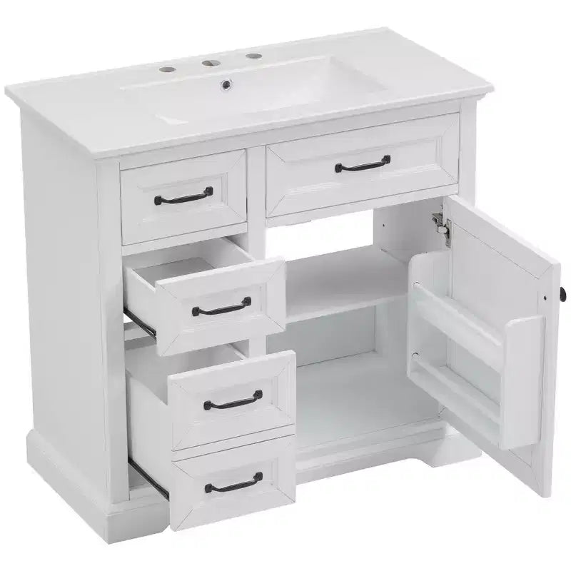 Mobile bagno da 90 cm con lavabo in ceramica, 4 cassetti, 1 anta con chiusura ammortizzata, piedini e maniglie in metallo nero