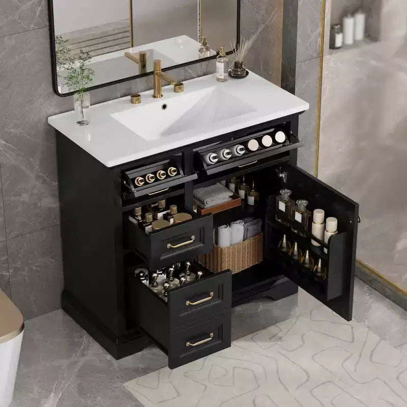Mobile bagno da 90 cm con lavabo in ceramica, 4 cassetti, 1 anta con chiusura ammortizzata, piedini e maniglie in metallo nero