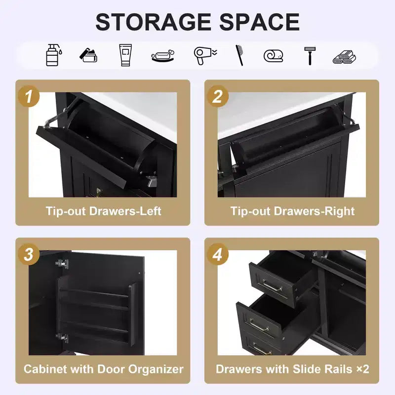 Mobile bagno da 90 cm con lavabo in ceramica, 4 cassetti, 1 anta con chiusura ammortizzata, piedini e maniglie in metallo nero