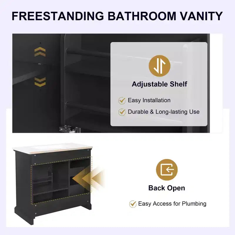 Mobile bagno da 90 cm con lavabo in ceramica, 4 cassetti, 1 anta con chiusura ammortizzata, piedini e maniglie in metallo nero