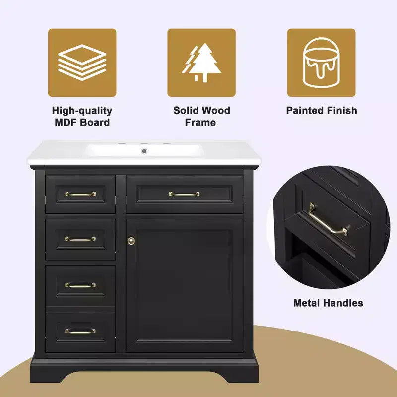 Mobile bagno da 90 cm con lavabo in ceramica, 4 cassetti, 1 anta con chiusura ammortizzata, piedini e maniglie in metallo nero