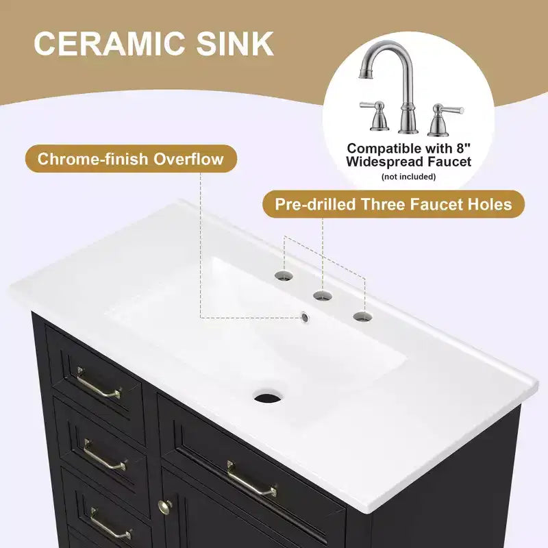 Mobile bagno da 90 cm con lavabo in ceramica, 4 cassetti, 1 anta con chiusura ammortizzata, piedini e maniglie in metallo nero