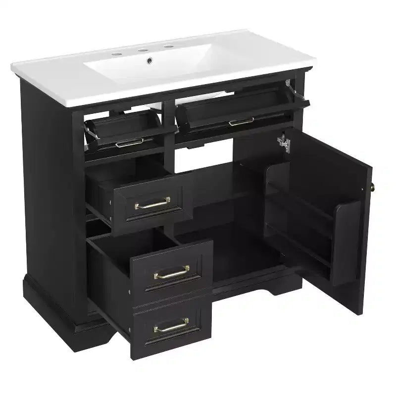 Mobile bagno da 90 cm con lavabo in ceramica, 4 cassetti, 1 anta con chiusura ammortizzata, piedini e maniglie in metallo nero