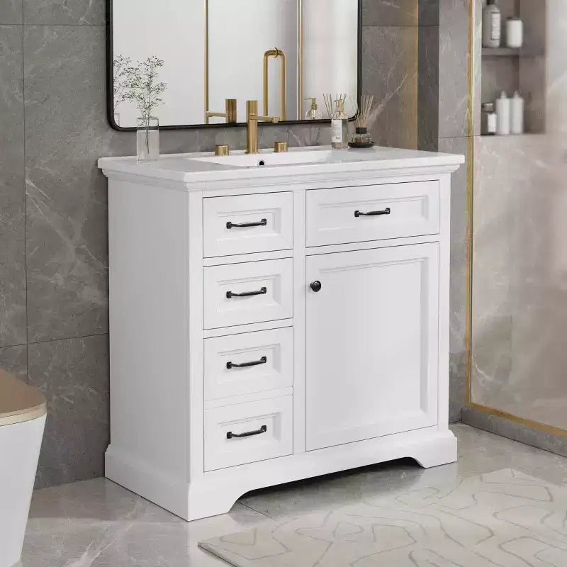 Mobile bagno da 90 cm con lavabo in ceramica, 4 cassetti, 1 anta con chiusura ammortizzata, piedini e maniglie in metallo nero