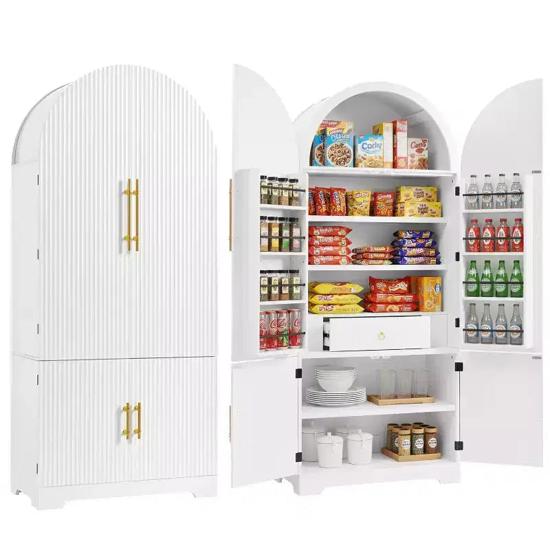 Mobile da cucina a colonna con arco alto, 183 cm, dotato di 8 ripiani sullo sportello e un vano con 3 ripiani regolabili, bianco