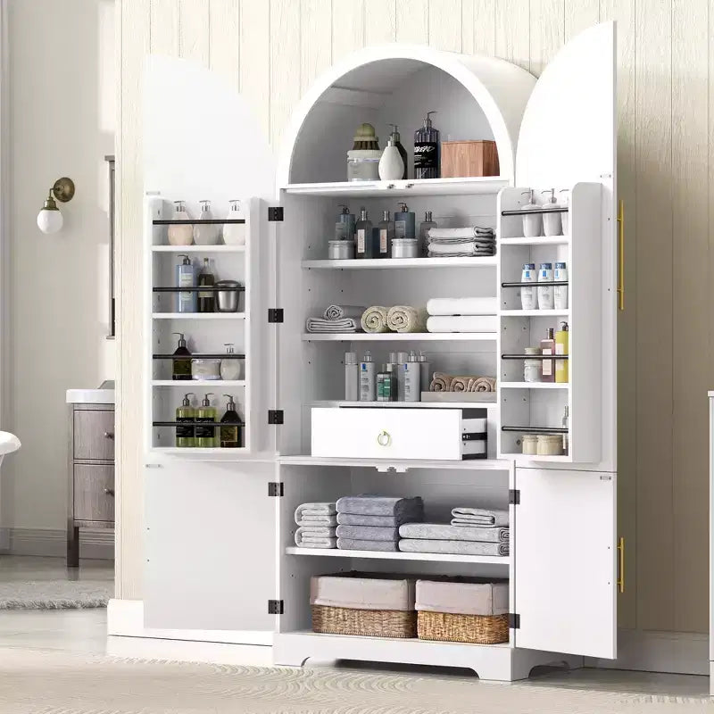 Mobile da cucina a colonna con arco alto, 183 cm, dotato di 8 ripiani sullo sportello e un vano con 3 ripiani regolabili, bianco