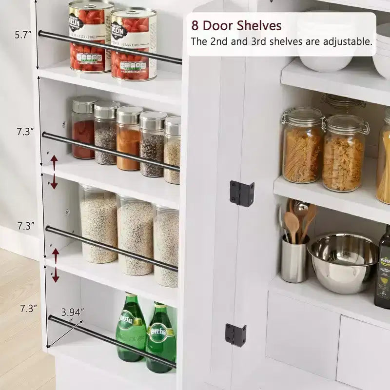 Mobile da cucina a colonna con arco alto, 183 cm, dotato di 8 ripiani sullo sportello e un vano con 3 ripiani regolabili, bianco