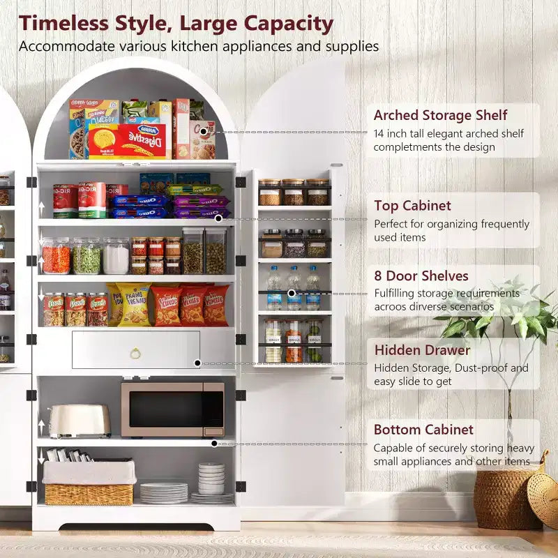 Mobile da cucina a colonna con arco alto, 183 cm, dotato di 8 ripiani sullo sportello e un vano con 3 ripiani regolabili, bianco