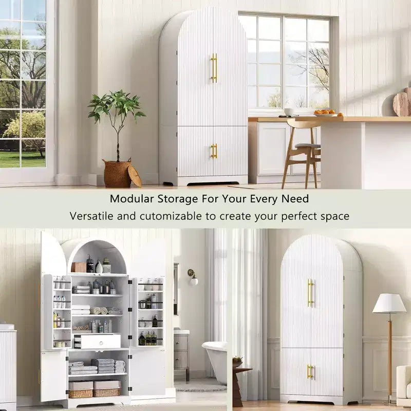 Mobile da cucina a colonna con arco alto, 183 cm, dotato di 8 ripiani sullo sportello e un vano con 3 ripiani regolabili, bianco