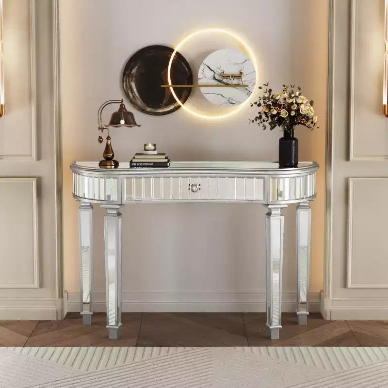 Consolle a Specchio Moderna da 47 Pollici con Cassetto Contenitore, Tavolo d'Ingresso a Mezzaluna per Corridoio, Spogliatoio o Soggiorno