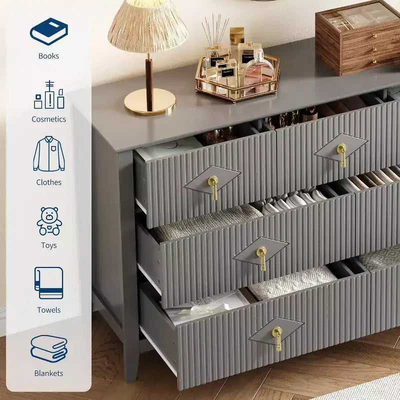 Comò a 7 cassetti scanalati, Mobile contenitore largo con cassetti profondi e sistema antiribaltamento, 54 pollici