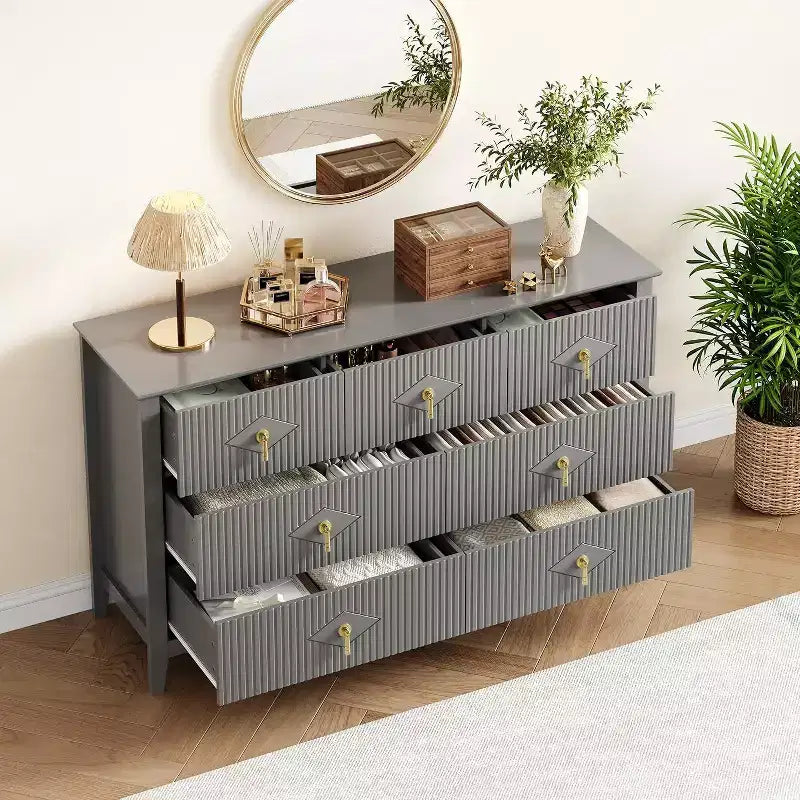 Comò a 7 cassetti scanalati, Mobile contenitore largo con cassetti profondi e sistema antiribaltamento, 54 pollici