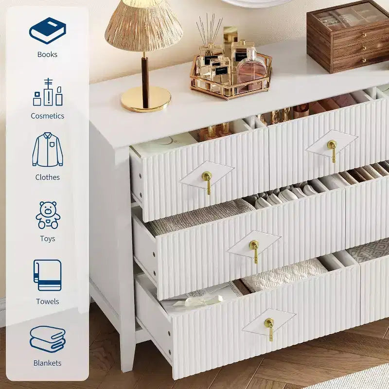 Comò a 7 cassetti scanalati, Mobile contenitore largo con cassetti profondi e sistema antiribaltamento, 54 pollici