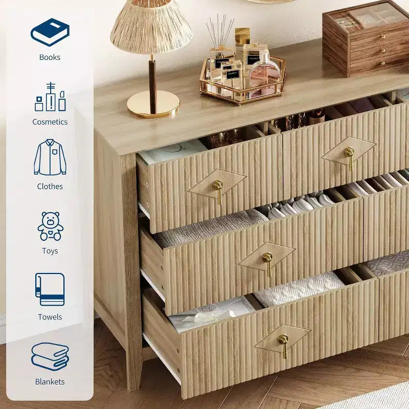 Comò a 7 cassetti scanalati, Mobile contenitore largo con cassetti profondi e sistema antiribaltamento, 54 pollici