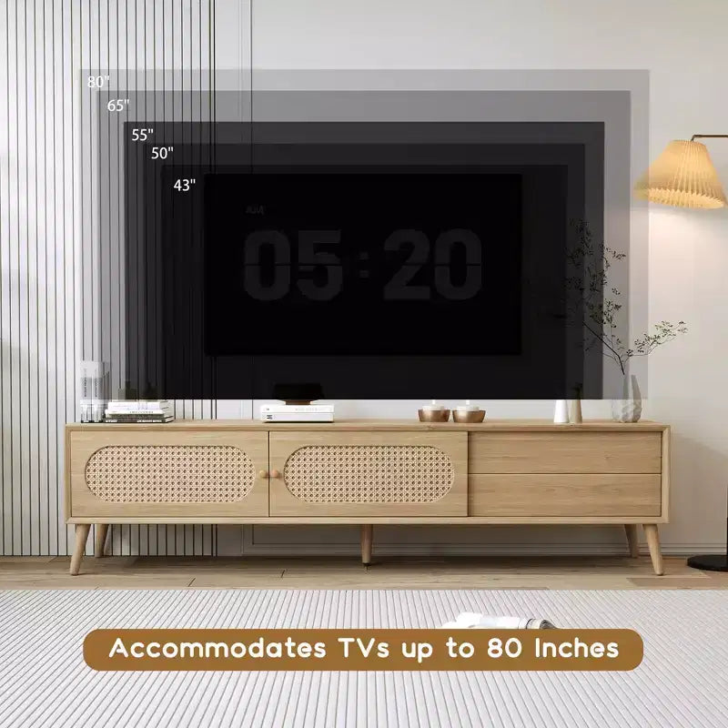Mobile TV naturale da 70,8 pollici per TV fino a 80 pollici, console multimediale con gambe in legno massello per soggiorno e home theatre