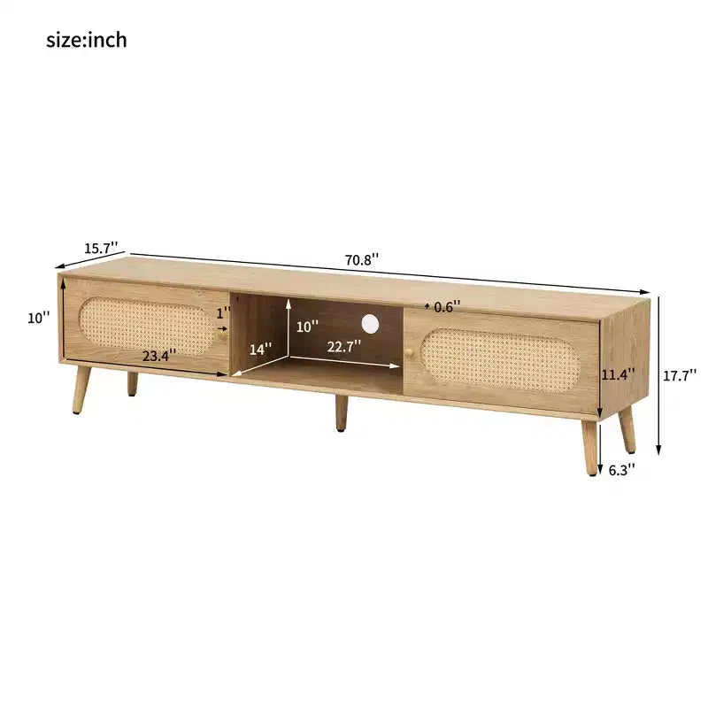 Mobile TV naturale da 70,8 pollici per TV fino a 80 pollici, console multimediale con gambe in legno massello per soggiorno e home theatre
