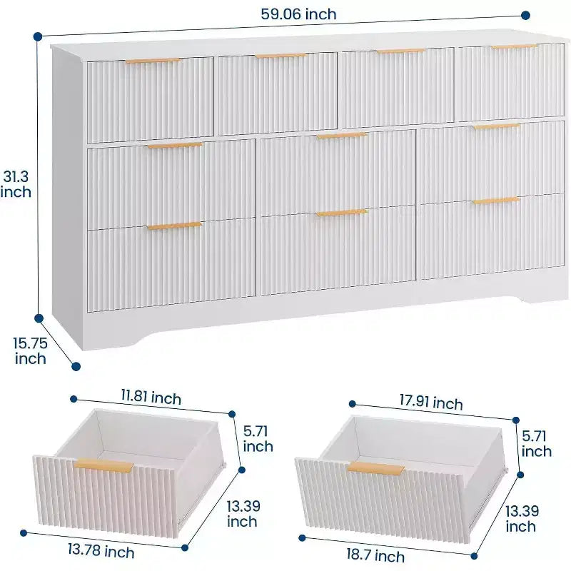 Comò a 10 cassetti scanalato con maniglie dorate, mobile contenitore moderno e lungo, elegante soluzione per camera da letto, soggiorno, ingresso