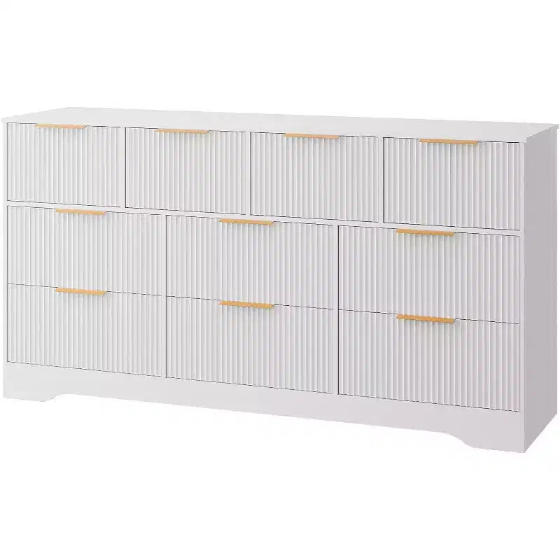 Comò a 10 cassetti scanalato con maniglie dorate, mobile contenitore moderno e lungo, elegante soluzione per camera da letto, soggiorno, ingresso