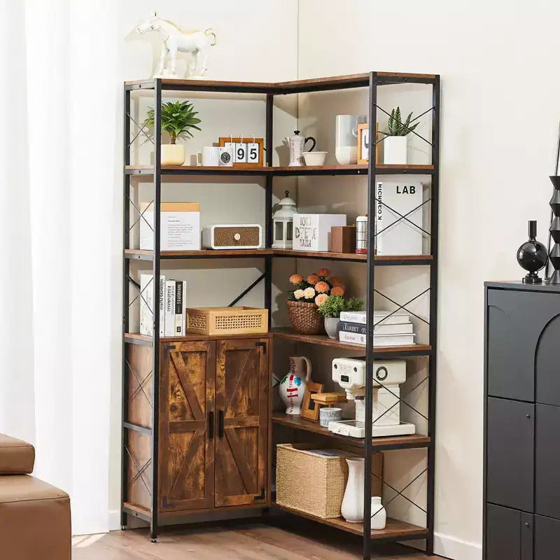 Libreria angolare a 6 ripiani, libreria angolare alta 177,8 cm con mobiletto, 2 ante scorrevoli e 10 ripiani, marrone