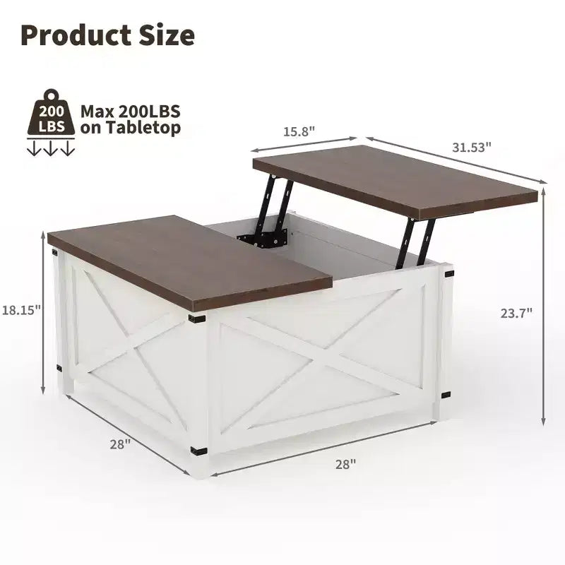 Tavolino da caffè quadrato di design industriale con ripiano sollevabile e vano portaoggetti per soggiorno