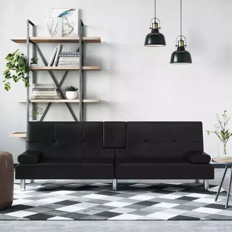 Divano letto pieghevole con portabicchieri in similpelle