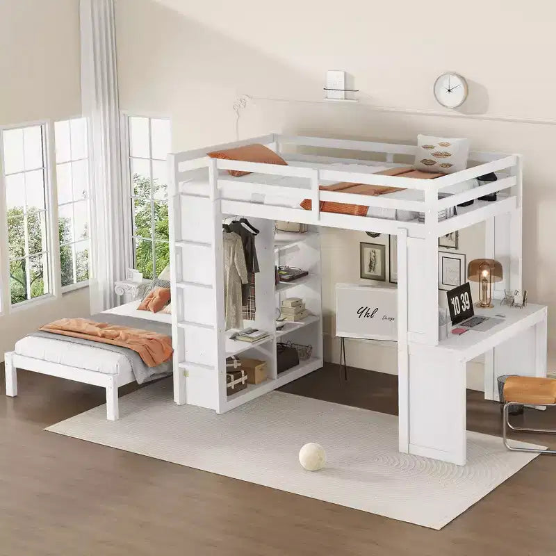 Letto a castello Full XL/Full su Twin con letto inferiore smontabile e scrivania, struttura in legno massiccio con ripiani integrati e armadio, bianco