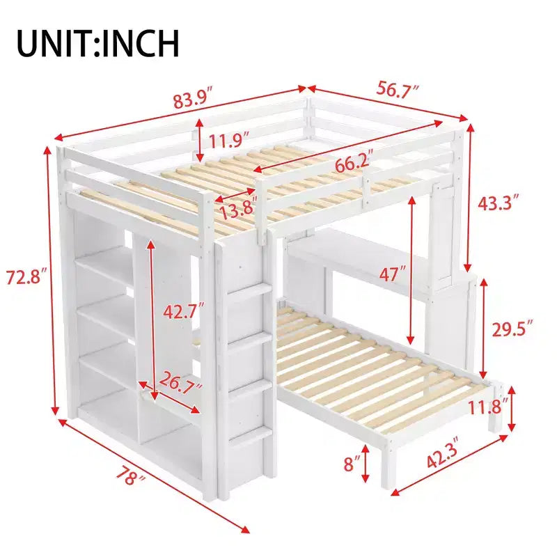 Letto a castello Full XL/Full su Twin con letto inferiore smontabile e scrivania, struttura in legno massiccio con ripiani integrati e armadio, bianco