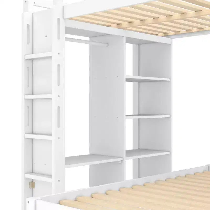 Letto a castello Full XL/Full su Twin con letto inferiore smontabile e scrivania, struttura in legno massiccio con ripiani integrati e armadio, bianco