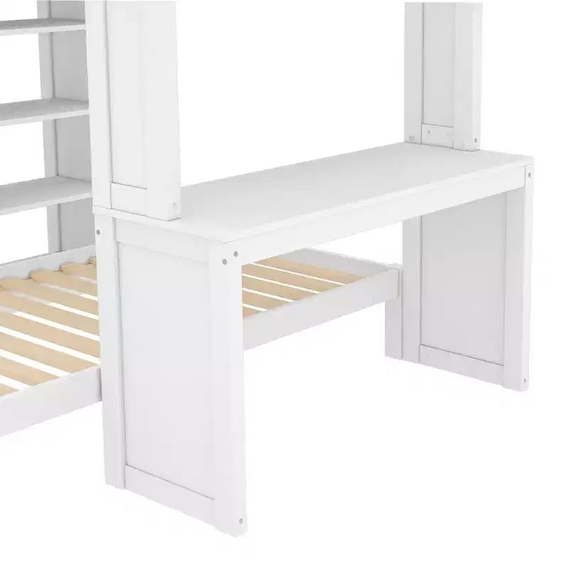 Letto a castello Full XL/Full su Twin con letto inferiore smontabile e scrivania, struttura in legno massiccio con ripiani integrati e armadio, bianco