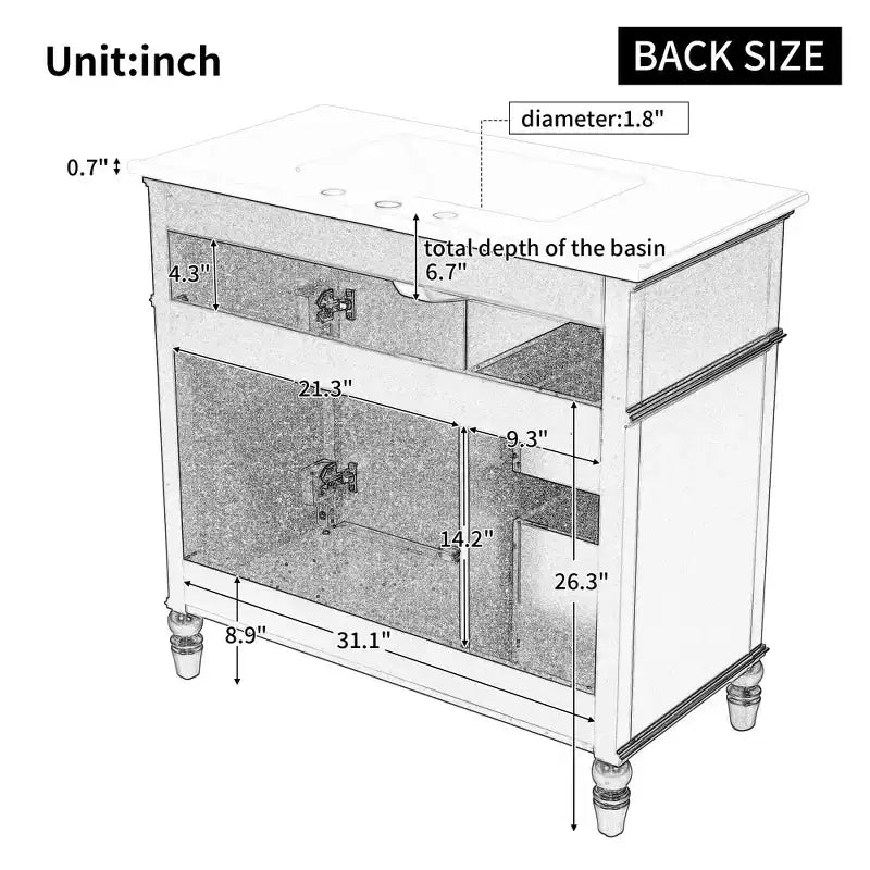 Mobile bagno lavabo 36 pollici, mobiletto bagno contenitore con cassetti, mobile lavabo bagno singolo