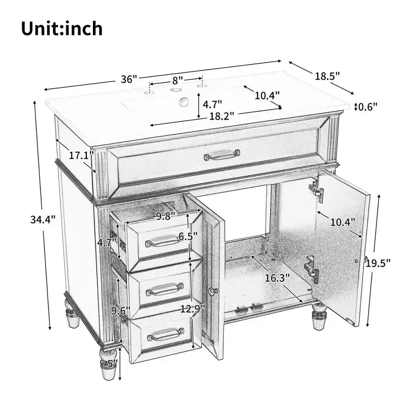 Mobile bagno lavabo 36 pollici, mobiletto bagno contenitore con cassetti, mobile lavabo bagno singolo