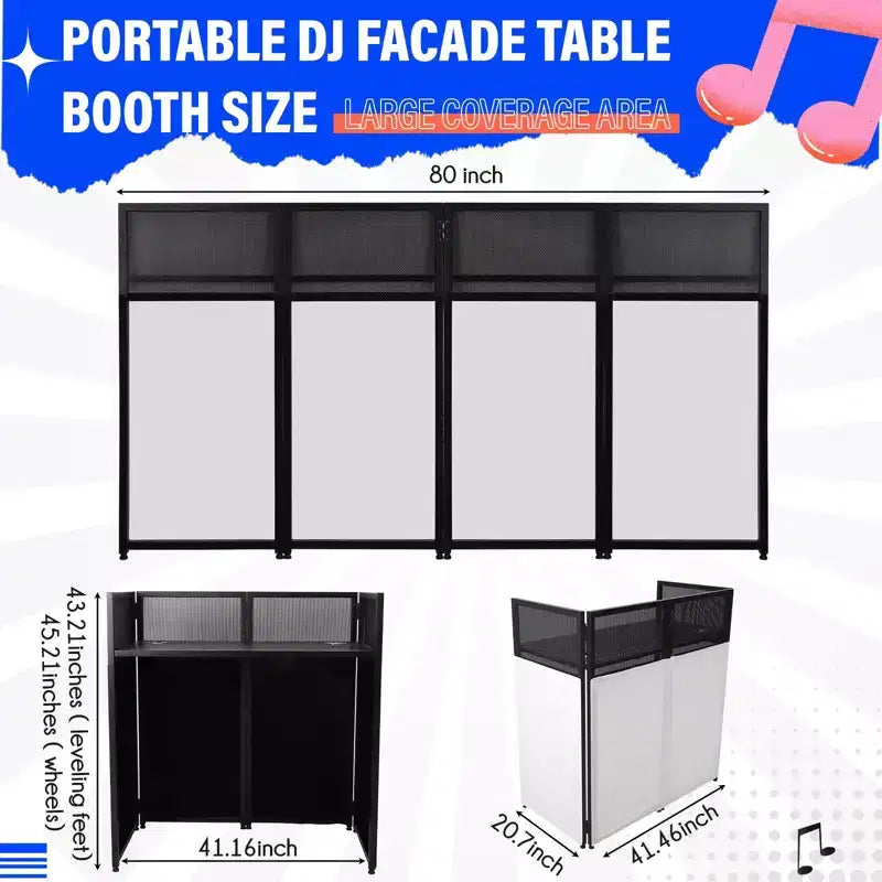 Cabina Portatile da DJ, Postazione da DJ Pieghevole con Tessuto Illuminato, Stand con Piedini Regolabili per Eventi, Struttura in Metallo Nero