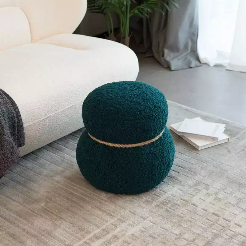 Pouf Rotondo a Forma di Pupazzo di Neve, Sgabello Carino Rivestito in Lana di Agnello, Sgabello da Trucco con Struttura in Legno, Panca Porta Scarpe per Soggiorno, Camera da Letto, Ingresso