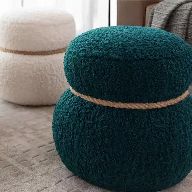 Pouf Rotondo a Forma di Pupazzo di Neve, Sgabello Carino Rivestito in Lana di Agnello, Sgabello da Trucco con Struttura in Legno, Panca Porta Scarpe per Soggiorno, Camera da Letto, Ingresso