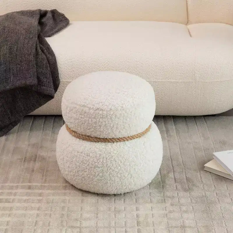 Pouf Rotondo a Forma di Pupazzo di Neve, Sgabello Carino Rivestito in Lana di Agnello, Sgabello da Trucco con Struttura in Legno, Panca Porta Scarpe per Soggiorno, Camera da Letto, Ingresso