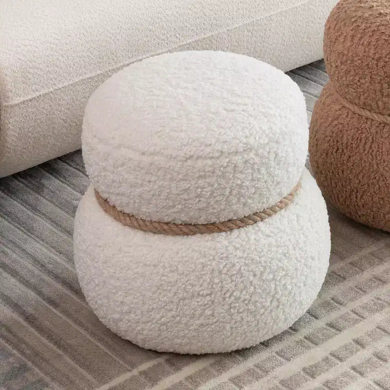 Pouf Rotondo a Forma di Pupazzo di Neve, Sgabello Carino Rivestito in Lana di Agnello, Sgabello da Trucco con Struttura in Legno, Panca Porta Scarpe per Soggiorno, Camera da Letto, Ingresso