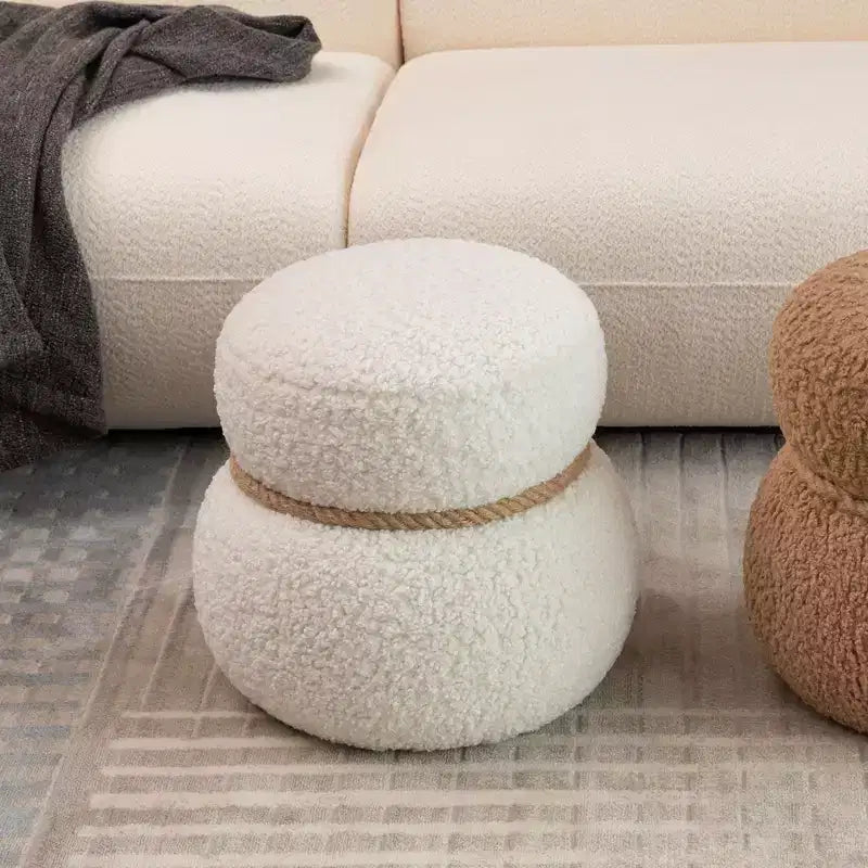 Pouf Rotondo a Forma di Pupazzo di Neve, Sgabello Carino Rivestito in Lana di Agnello, Sgabello da Trucco con Struttura in Legno, Panca Porta Scarpe per Soggiorno, Camera da Letto, Ingresso