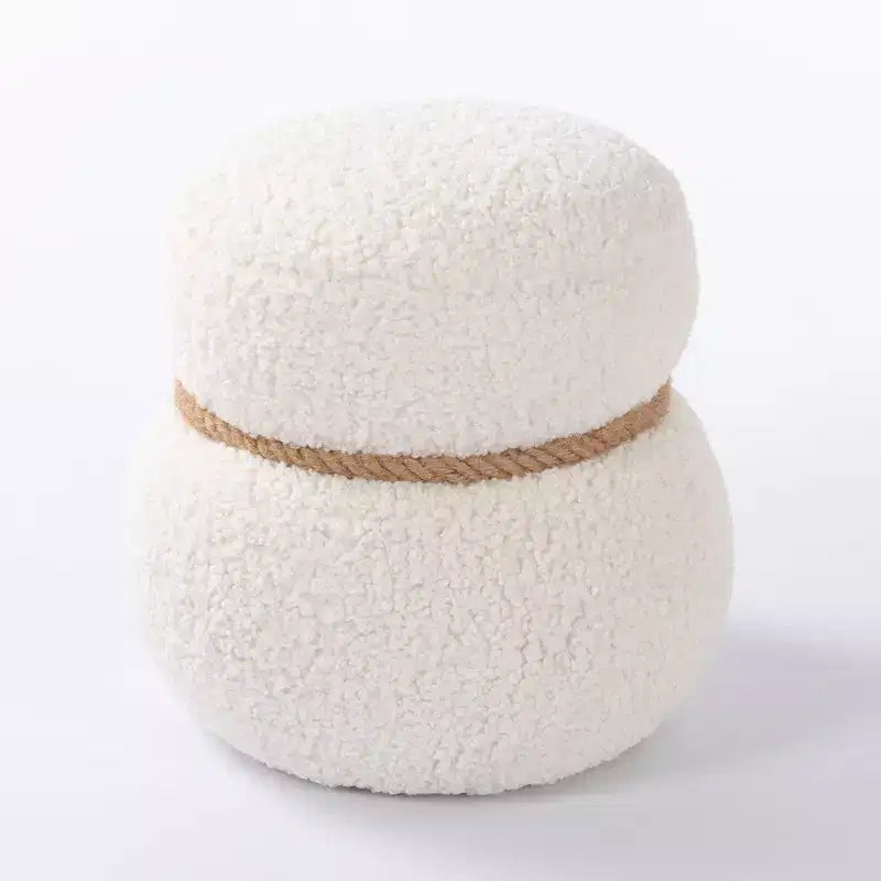 Pouf Rotondo a Forma di Pupazzo di Neve, Sgabello Carino Rivestito in Lana di Agnello, Sgabello da Trucco con Struttura in Legno, Panca Porta Scarpe per Soggiorno, Camera da Letto, Ingresso