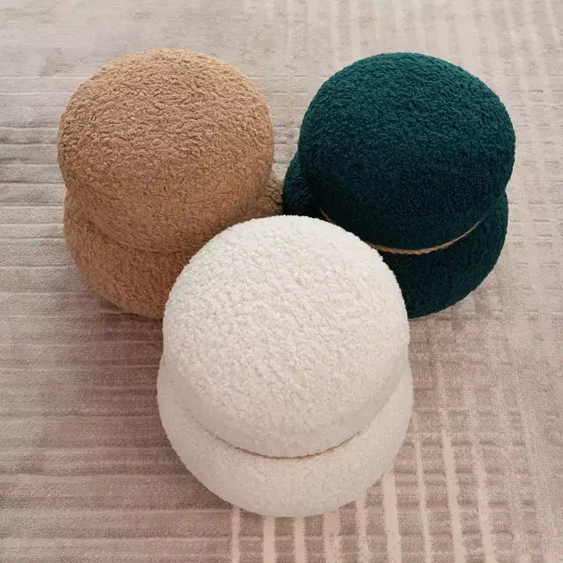 Pouf Rotondo a Forma di Pupazzo di Neve, Sgabello Carino Rivestito in Lana di Agnello, Sgabello da Trucco con Struttura in Legno, Panca Porta Scarpe per Soggiorno, Camera da Letto, Ingresso